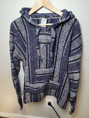 Artesanias Vega Baja Hoodie XL Drug Rug Mexican Pullover Striped Woven Poncho